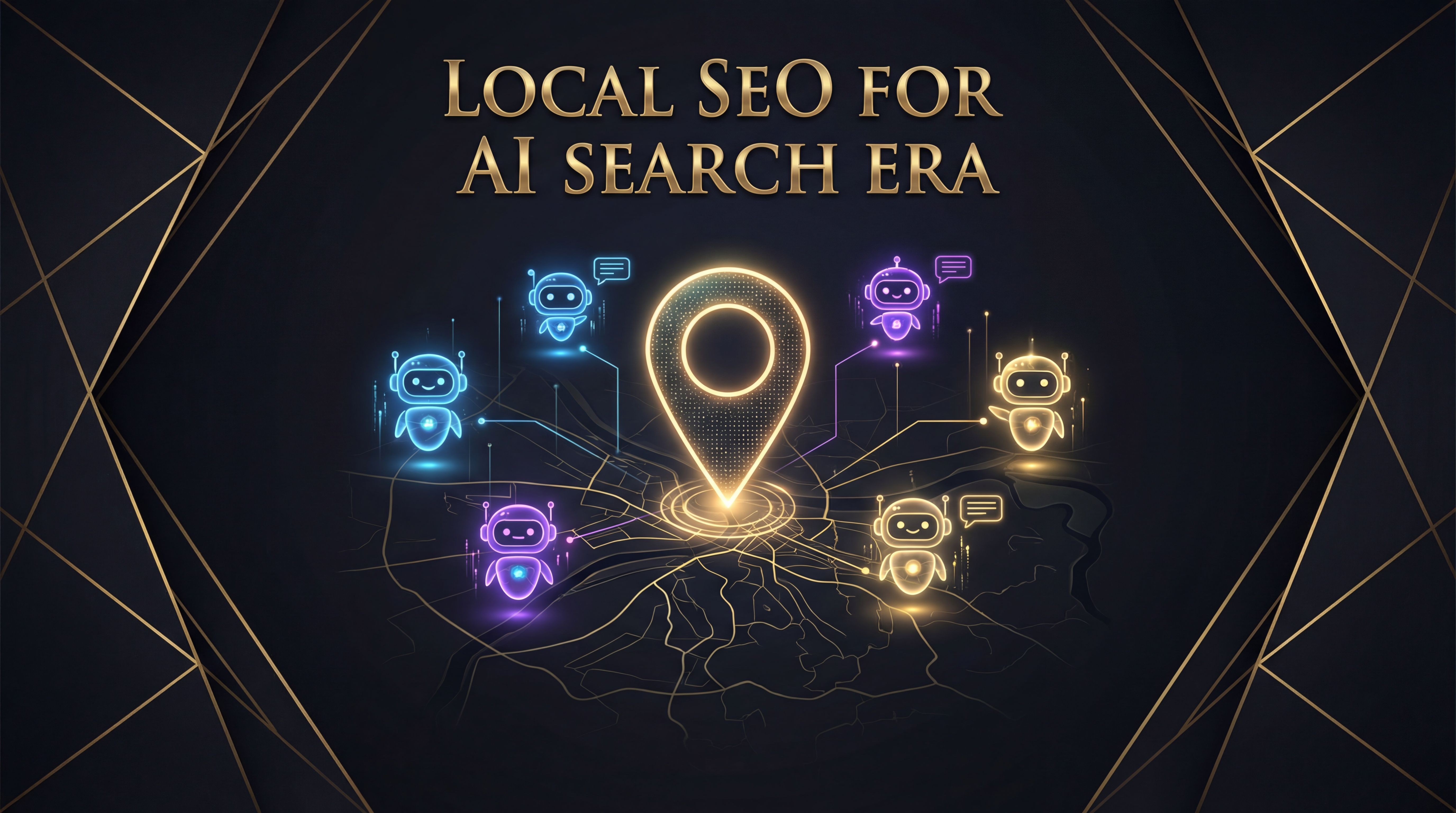 Koncept lokalnog SEO-a za AI pretragu sa mapom Beograda i AI chatbot ikonama