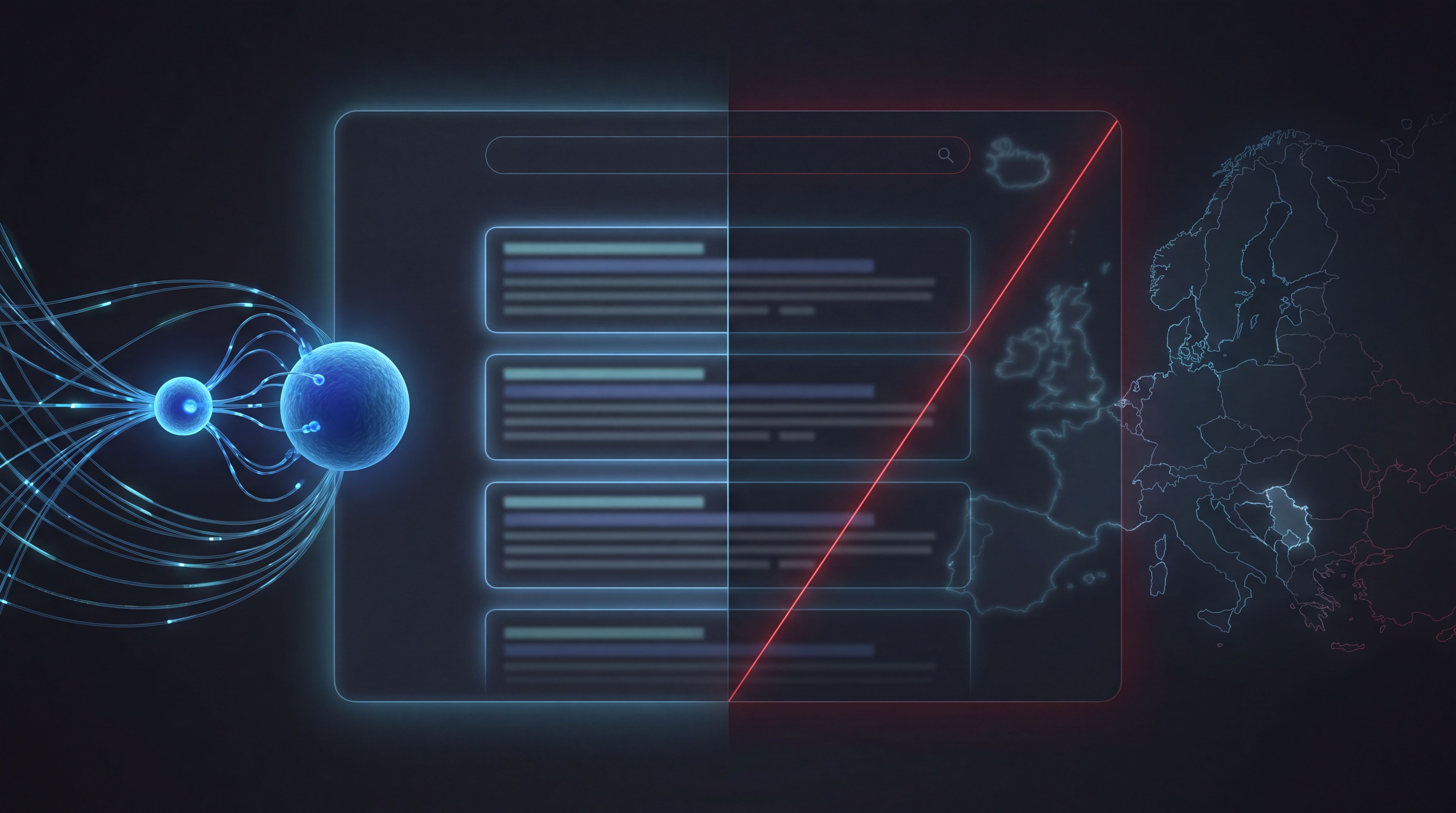 Tamna tech ilustracija Google pretrage podeljene na EEA i ostatak sveta, gde ručna kazna za site reputation abuse važi samo van Evrope