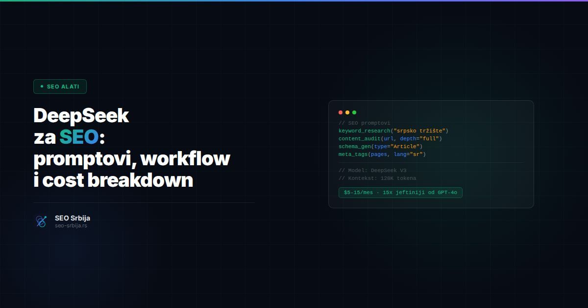 DeepSeek AI interfejs sa SEO optimizacijom i promptovima na ekranu
