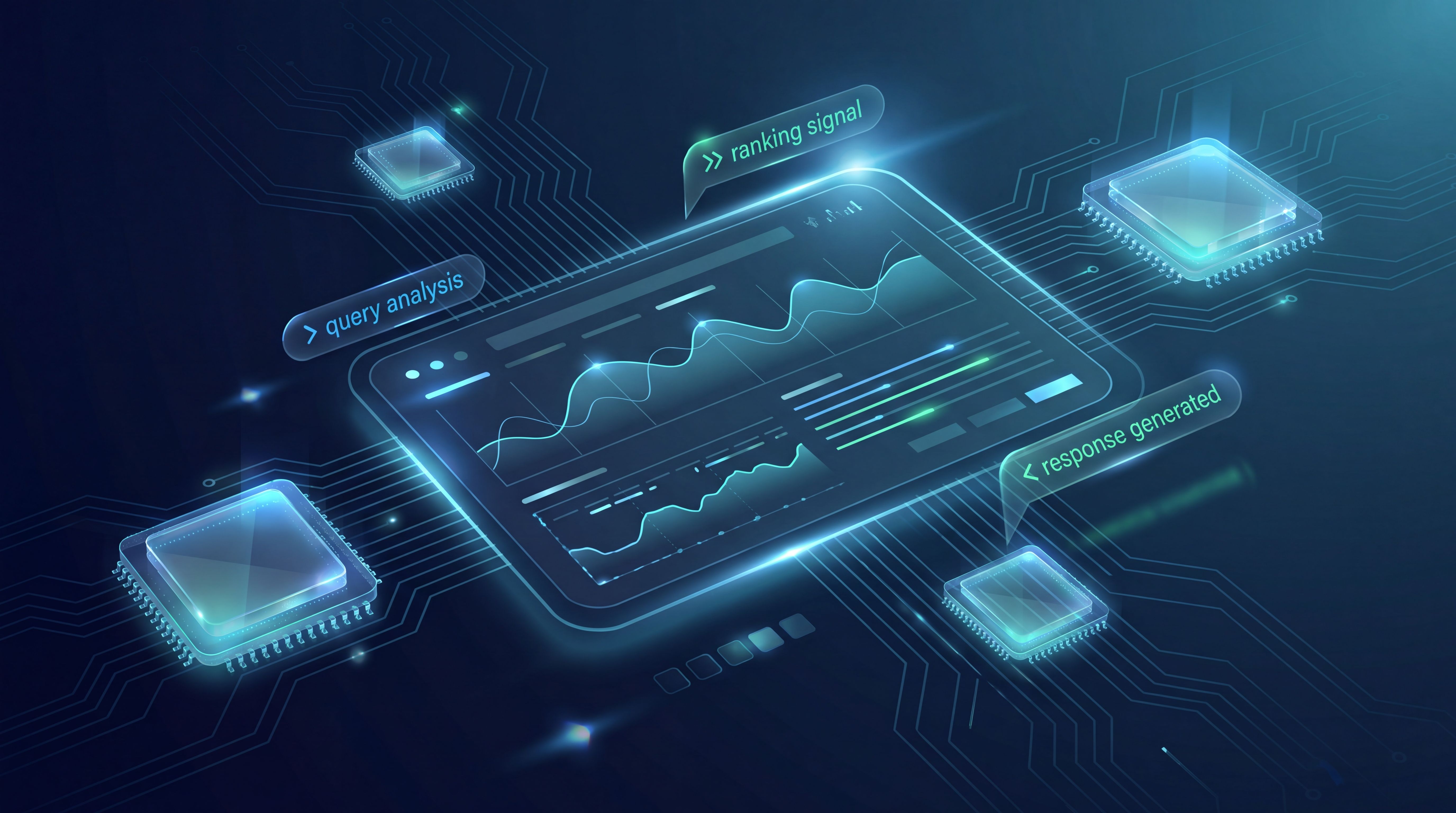 Google Search Console sa AI Mode fragmentima upita na tamnoj SEO pozadini