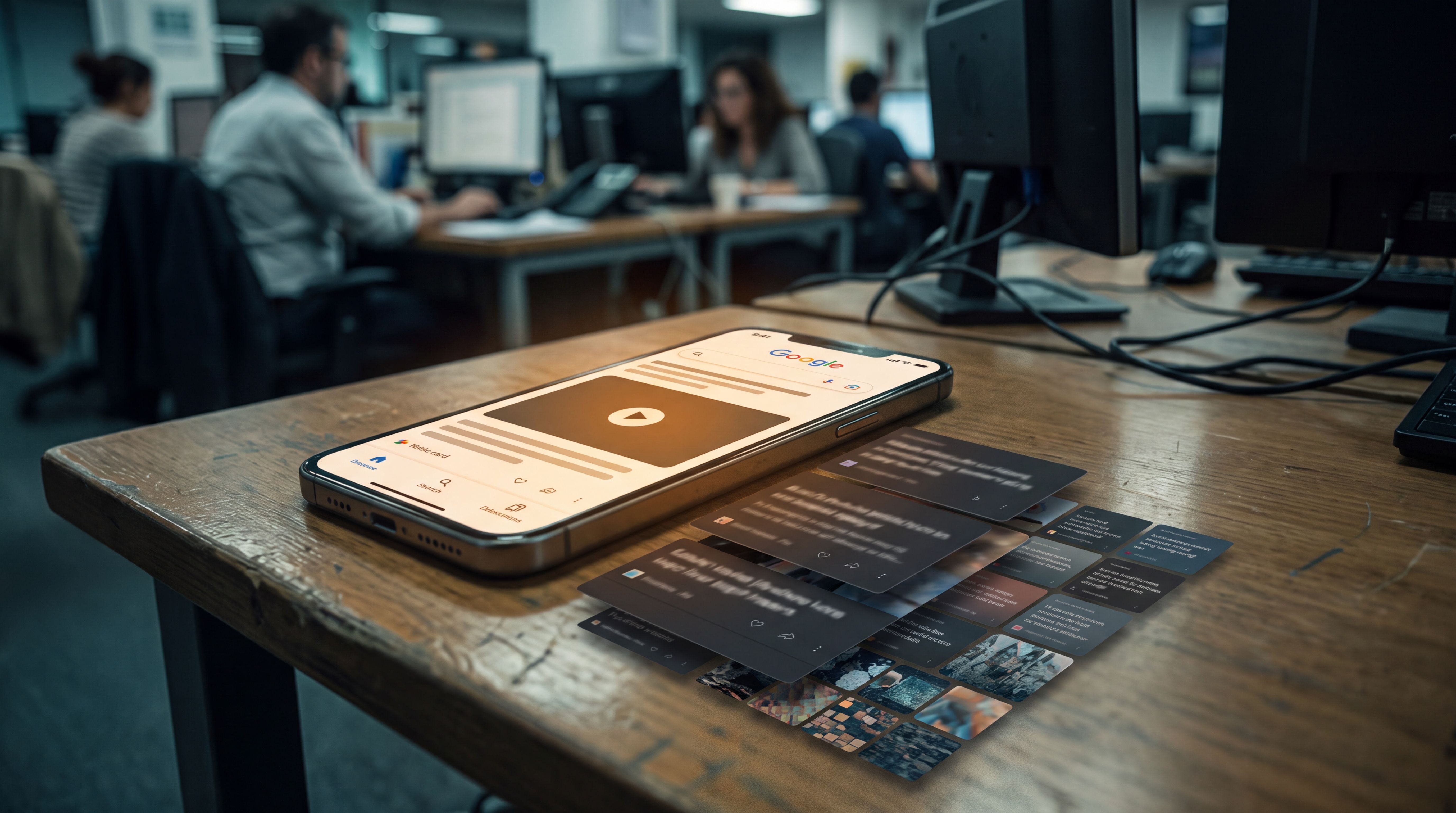 Tamna ilustracija telefona sa Discover feedom, video karticom i AI pregledom teme, bez teksta na slici