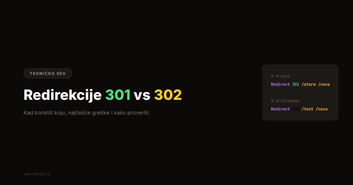 Dijagram toka HTTP redirekcija 301 i 302 sa primerima