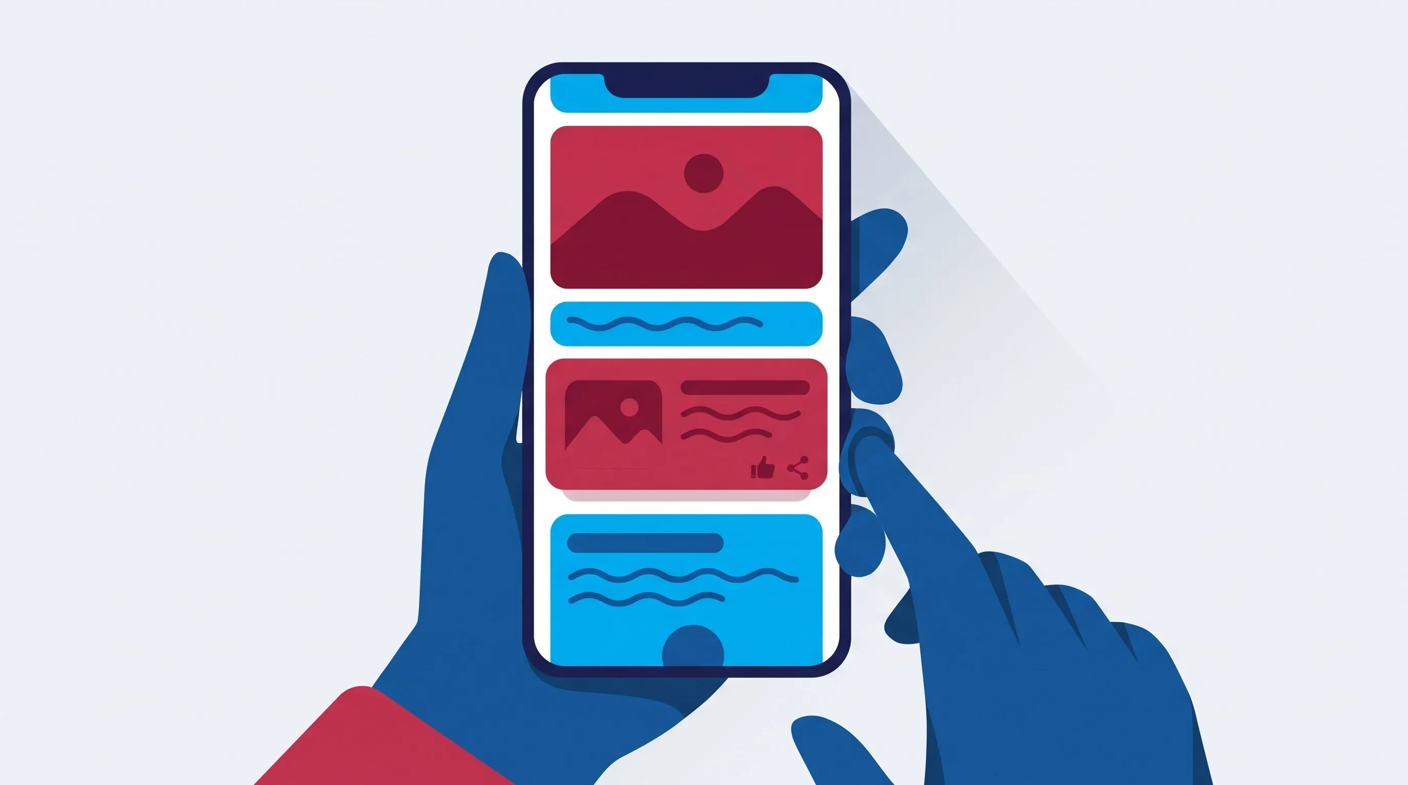 Ilustracija mobilnog feeda sličnog Google Discover karticama