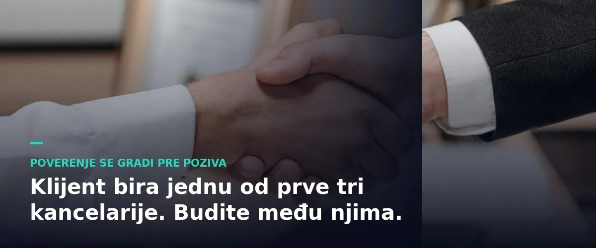 Rukovanje advokata i klijenta uz poruku da klijent bira jednu od prve tri kancelarije